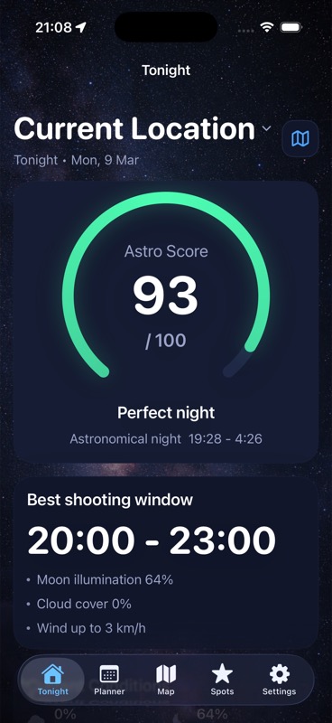 DarkScout tonight summary screen