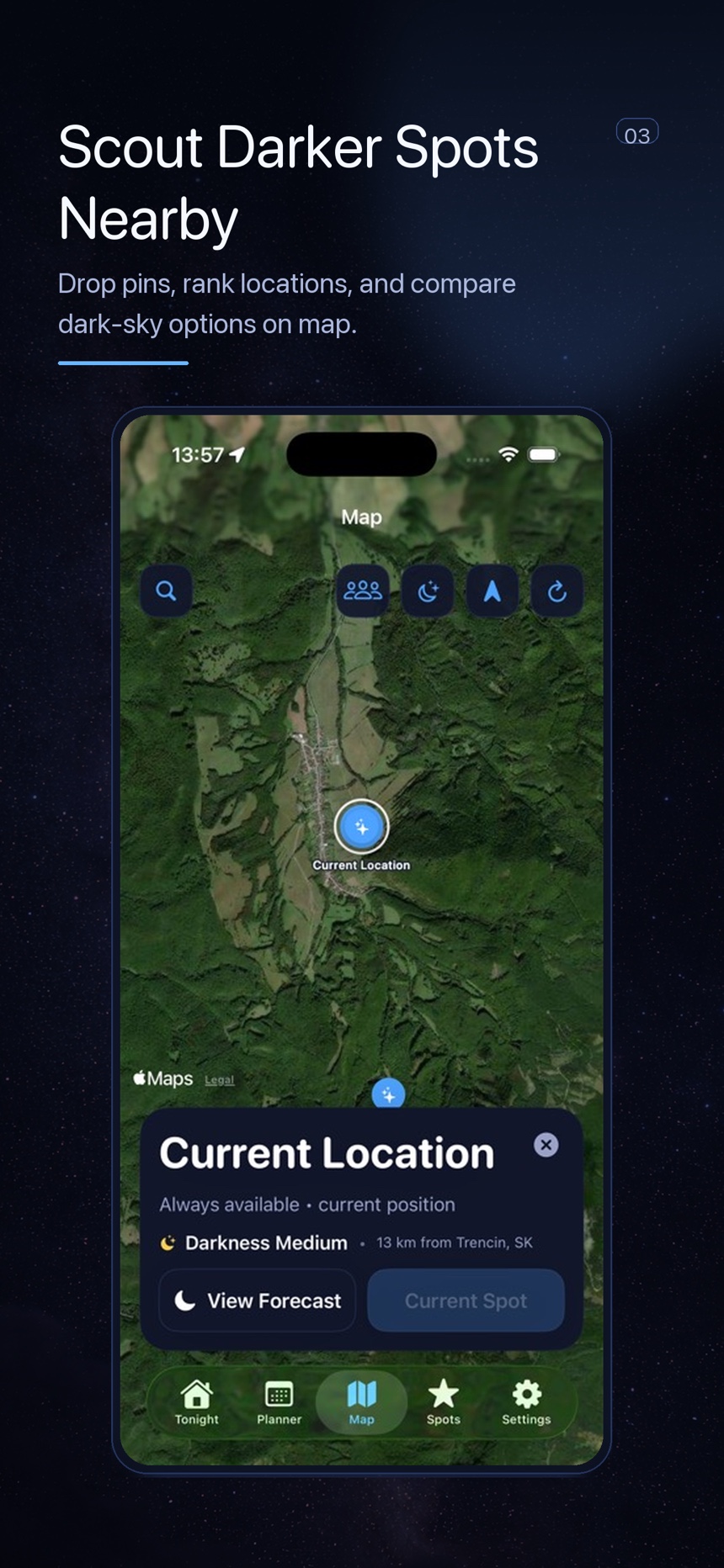 DarkScout map screen used for scouting foregrounds and night photography locations