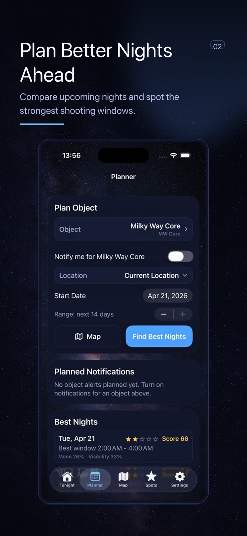 DarkScout planner screen used to compare twilight, darkness, and target timing