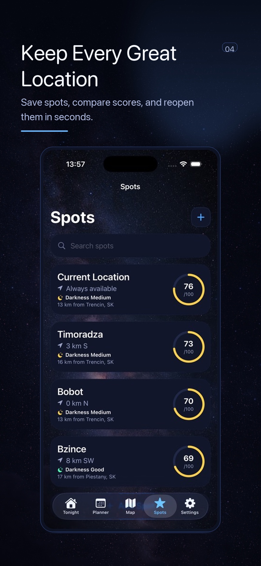 DarkScout spots screen used to connect locations and target planning