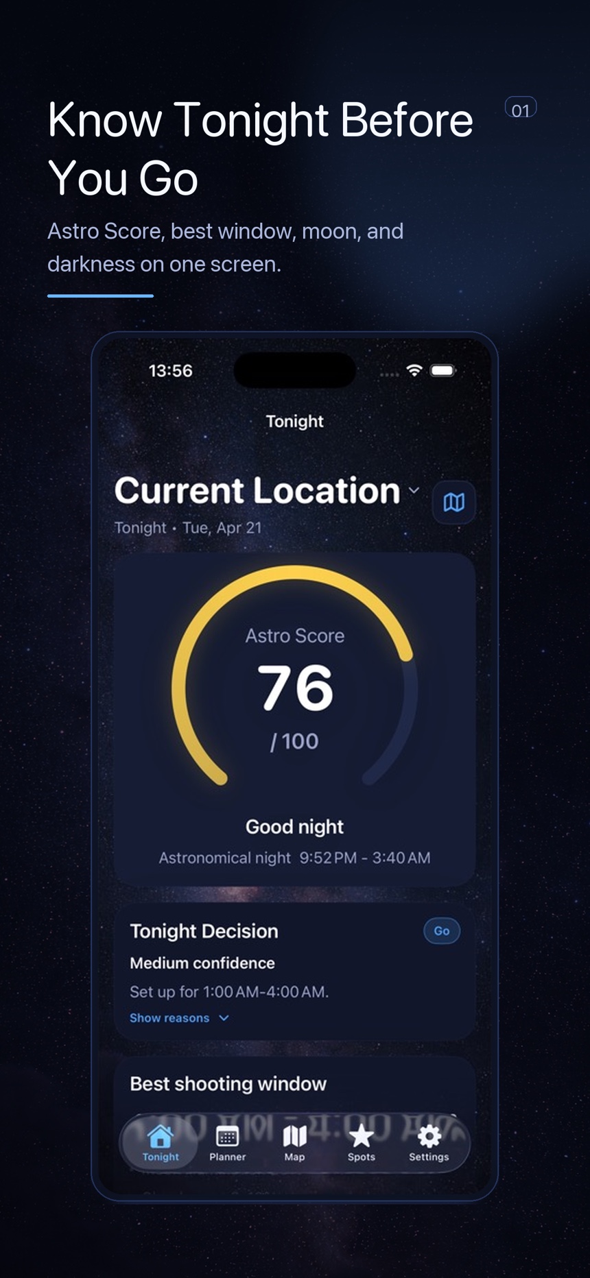DarkScout Tonight screen used to compare clouds, moonlight, and the best shooting window